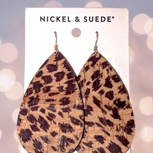 Nickel & Suede Leopard Print Cork Teardrop Earrings Size Medium 2.5"